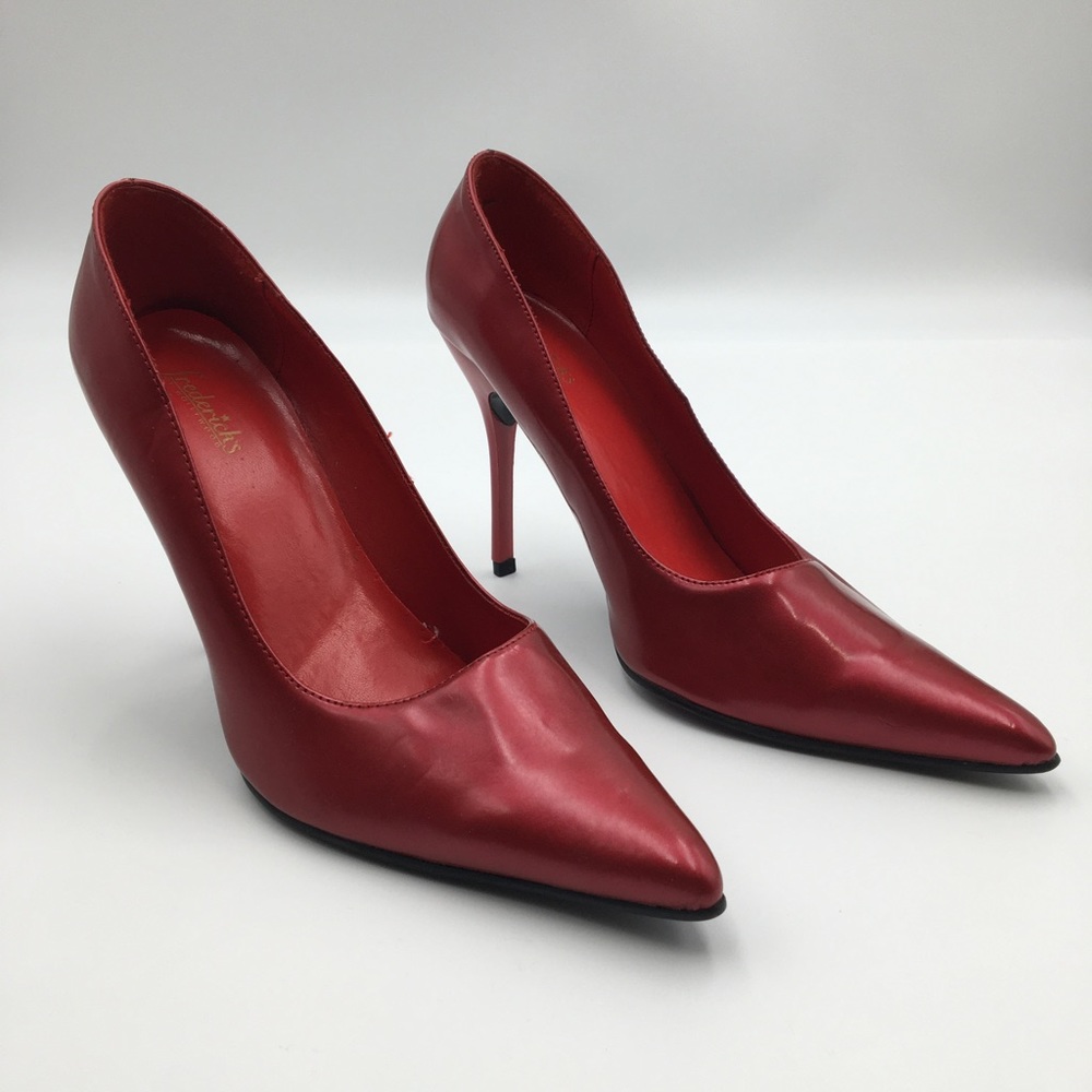 Vintage 4” Deep Red Fredericks of Hollywood Faux Leather Stilettos Size 10 👠🔥 - Picture 6 of 16